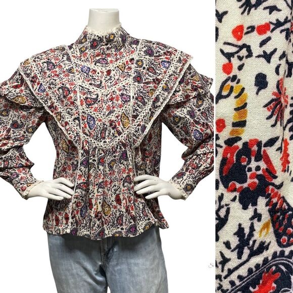 COTTAGECORE Prairie Vintage 70s Look Peacock Print Lace Trim Blouse Top M L - Picture 1 of 16